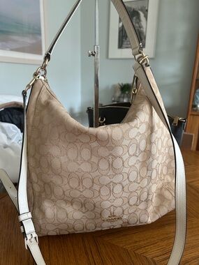Coach Beige Signature Canvas Shoulder Bag with White Trim